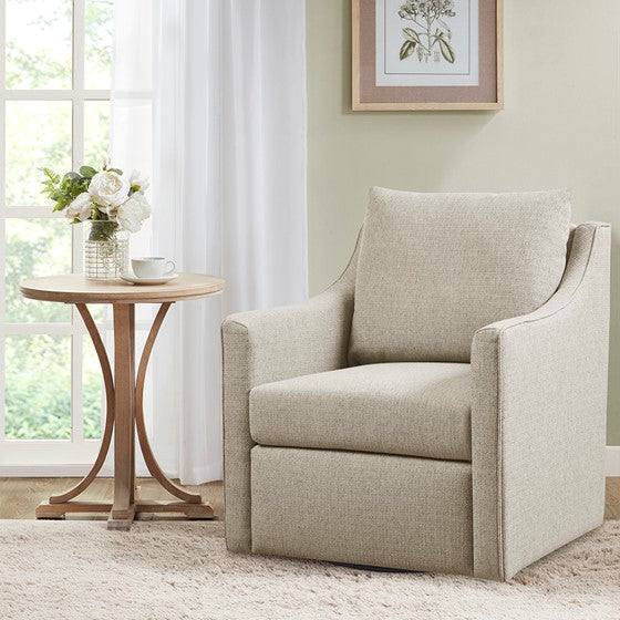 English Elm Swivel Armchair by Martha Stewart Bedford Collection in Natural Polyester — Piped Arms, 360° Comfort, Durable Fabric, Removable Cushions, No Assembly Needed B035P148423