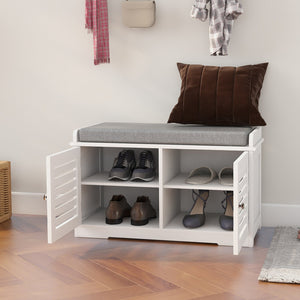 English Elm Shoe Storage Bench with Padded Seat Cushion and 2 Barn Doors, White Entryway Organizer, Sturdy W282P144349