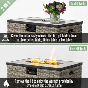 English Elm 32" Outdoor Propane Fire Pit Table with Ceramic Top, 50,000 BTU Stainless Steel Burner, Wicker Base and Tank Cover Beige W853P202196