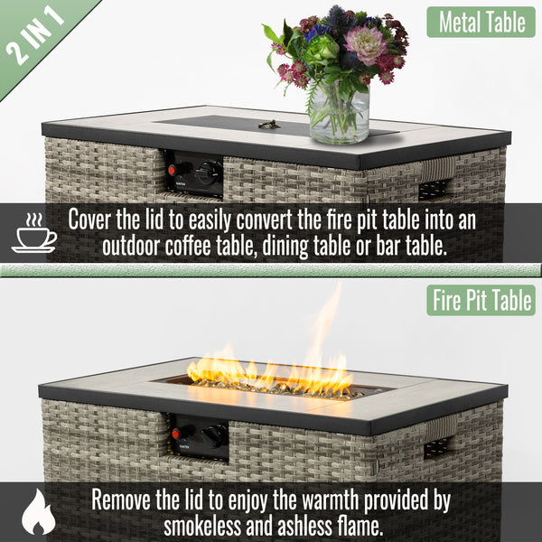 English Elm 32" Outdoor Propane Fire Pit Table with Ceramic Top, 50,000 BTU Stainless Steel Burner, Wicker Base and Tank Cover Beige W853P202196