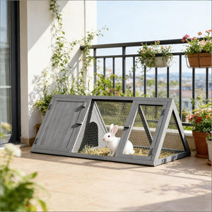 English Elm Stable Triangular Rabbit Hutch Fir Wood Frame with Wire Mesh Run for Small Animals T3971P487082