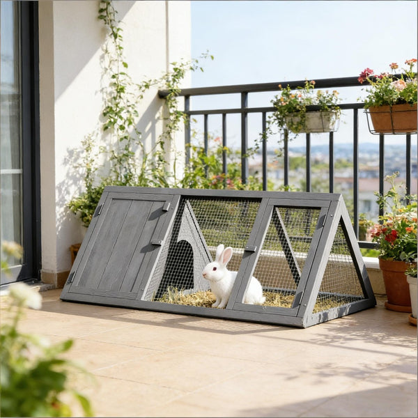 English Elm Stable Triangular Rabbit Hutch Fir Wood Frame with Wire Mesh Run for Small Animals T3971P487082