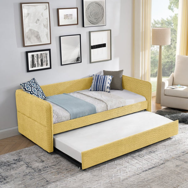 English Elm Daybed Boucle Upholstered Tufted Twin Trundle Sofa for Guest Bedroom Studio Lounge Yellow W1413S00174