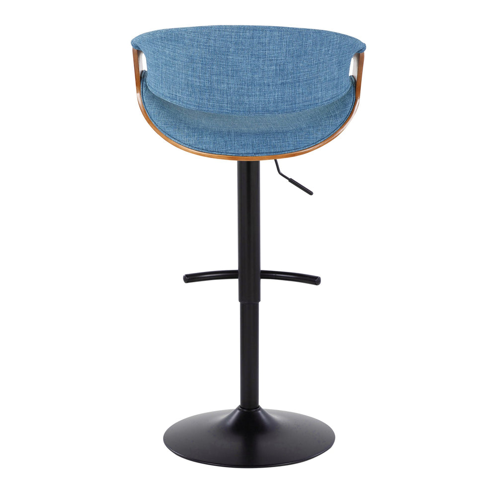 English Elm Curvo Mid-Century Adjustable Swivel Barstool Set of 2 - Blue Fabric, Walnut Accents, Black Metal Base B202S00799