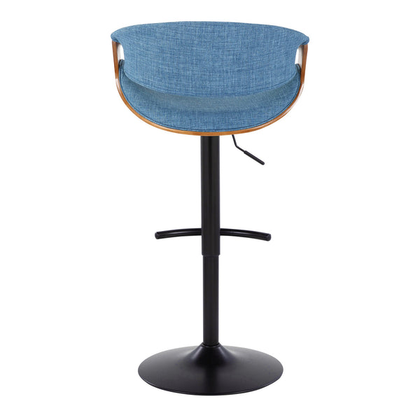 English Elm Curvo Mid-Century Adjustable Swivel Barstool Set of 2 - Blue Fabric, Walnut Accents, Black Metal Base B202S00799