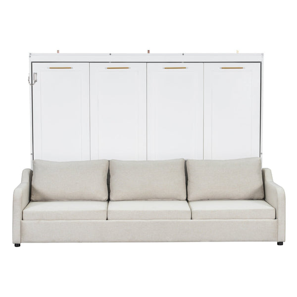 English Elm Queen Murphy Cabinet Bed with Sofa Foldaway, Built-In Shelves, LED Lighting, Space-Saving Beige N7090000603A