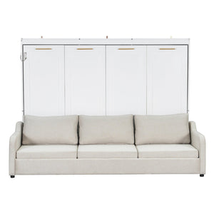 English Elm Queen Murphy Cabinet Bed with Linen Sofa Built-in Shelves and Integrated Led Light N7090000603A-1