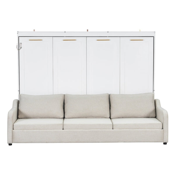 English Elm Queen Murphy Cabinet Bed with Linen Sofa Built-in Shelves and Integrated Led Light N7090000603A-1