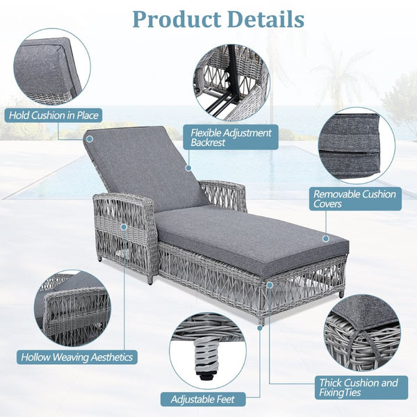 English Elm Go Outdoor Wicker Chaise Lounge Recliner with Ergonomic Armrests and Thick Cushion for Patio Grey N704P248780E