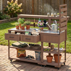 English Elm Topmax Modular Fir Wood Outdoor Kitchen Cart Stainless Steel Prep Station Brown N717P417963D