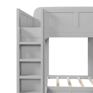 English Elm Triple Bunk Bed Wood Frame with Built in Shelves Hooks for Shared Kids Rooms Gray N7090004027E