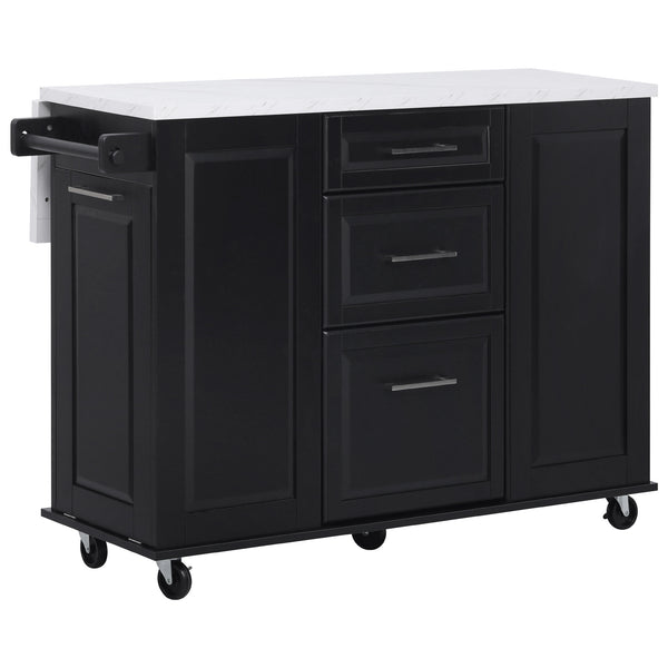 English Elm K&K Vintage Convex Kitchen Island Cart with Faux Marble Top, Tilt Trash, Pull-Out Organizer, Wheels Black N707P299008B