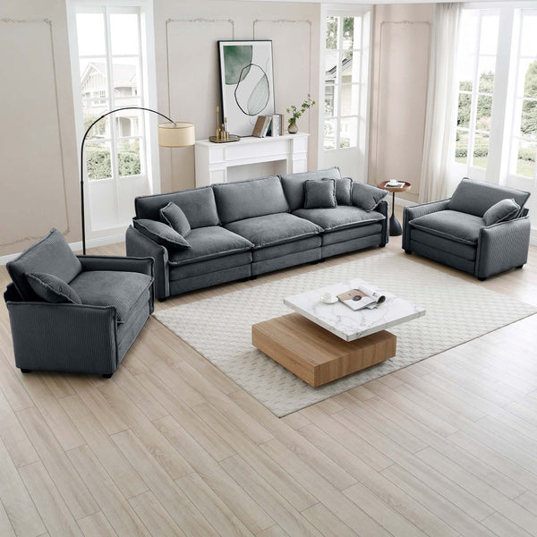 English Elm Warm And Cozy Sofa Set - Plush Grey Corduroy 3-Seater With 2 Single Sofas, Perfect For Movie Nights! W714S00746-GIGA