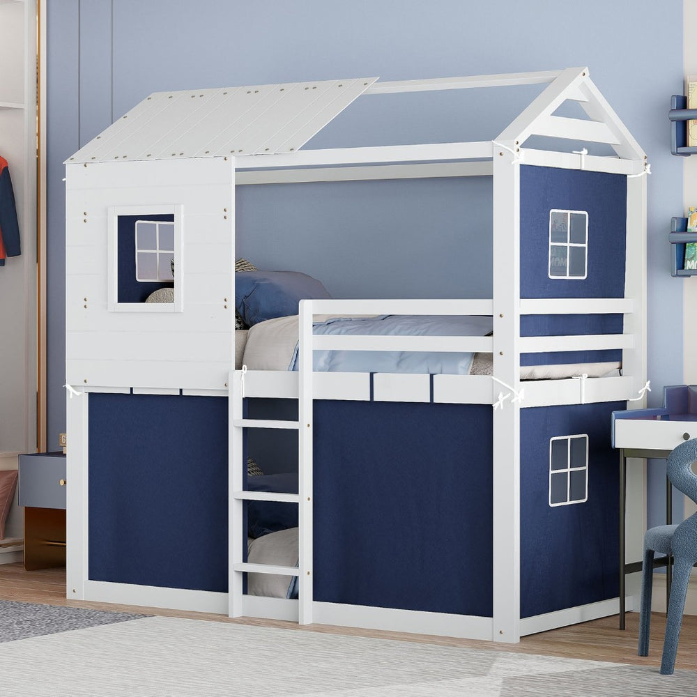 English Elm Twin Treehouse Bunk Bed Solid Pine Playhouse Frame with Cozy Canvas Tent Hideaway LT000379AAC-1