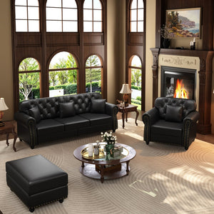 English Elm Upholstered Faux Leather Chesterfield Sofa Mid-century Tufted Nailhead Trim 3 Seater Black W1885S00434