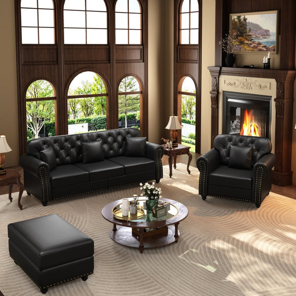 English Elm Upholstered Faux Leather Chesterfield Sofa Mid-century Tufted Nailhead Trim 3 Seater Black W1885S00434