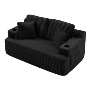 English Elm Boneless Floor Sofa Corduroy Upholstered 5 Seat Low Profile with Cup Holders for Living Room Black W1117S00435