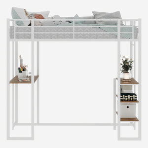 English Elm Iron framed bunk bed with L-shaped study desk and dual-side stairs, space-saving durable design White W1935P330796