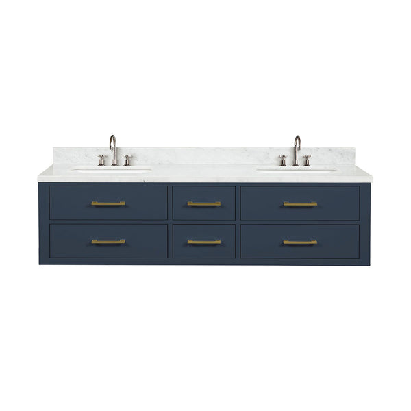 English Elm Blue Double Bath Vanity 72" W X 22" D With Luxurious Carrara Marble Top & Soft-Close Faucet Set B2731P258074