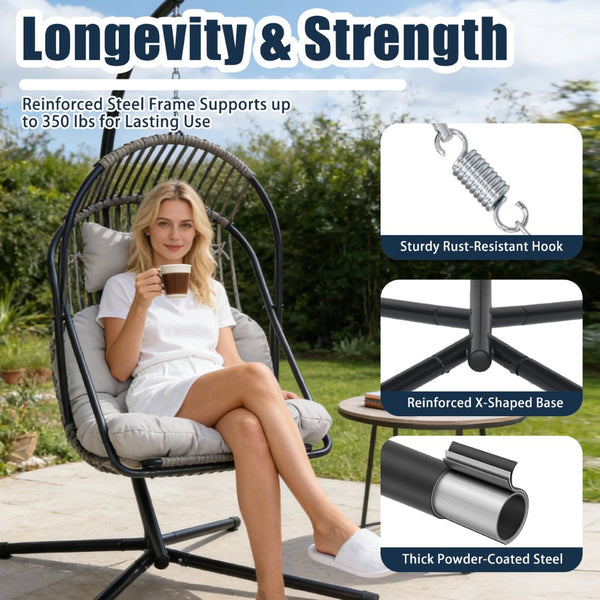 English Elm Hanging Egg Chair with Freestanding Steel Stand Rattan Cocoon Seat for Patio Balcony Black+Gery T5880P494885