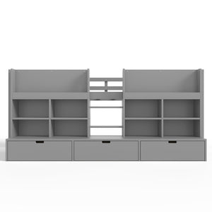 English Elm Twin Xl Low Loft Bed with Curtain Hideaway Chalkboard and Built-in Storage Shelves W1580S00400