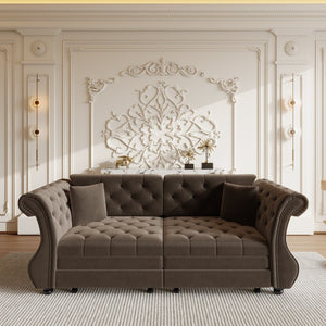 English Elm 83.8" Chesterfield Sleeper Sofa Velvet Upholstered with Flower Tufting for Living Room Brown W1885S00402