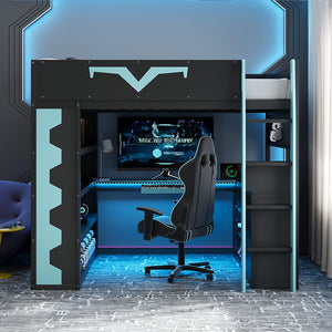 English Elm Full Size Gaming Loft Bed with Desk Rgb Lighting Power Outlet and Storage Drawer Blue LT000285AAC