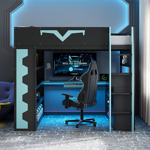 English Elm Full Size Gaming Loft Bed with Desk Rgb Lighting Power Outlet and Storage Drawer Blue LT000285AAC