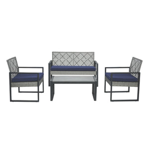 English Elm 4-Piece Patio Set with Acacia Wood Table, Light Gray Rattan & Blue Cushions — Durable, Weather-Resistant Seating for Balcony W2391P265430