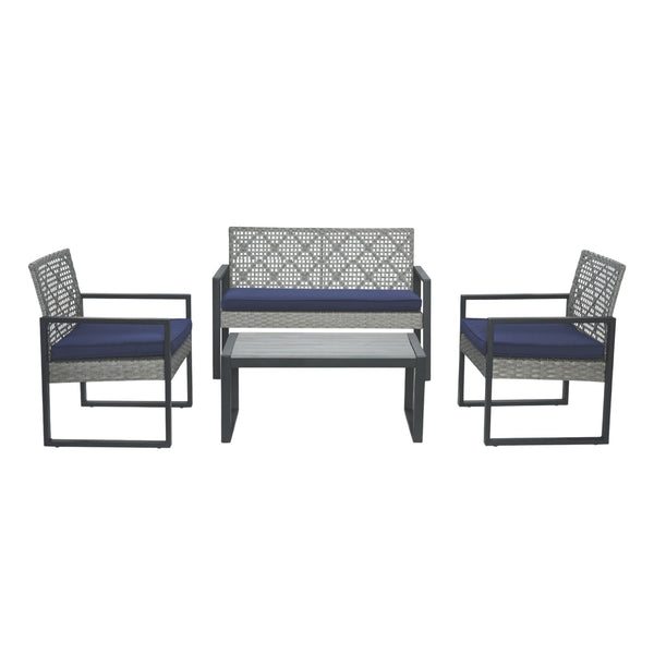 English Elm 4-Piece Patio Set with Acacia Wood Table, Light Gray Rattan & Blue Cushions — Durable, Weather-Resistant Seating for Balcony W2391P265430