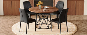 English Elm Table and Chair Set Walnut Round Dining with Hourglass Base Four Fabric Seats Walnut+Black W1151S04855