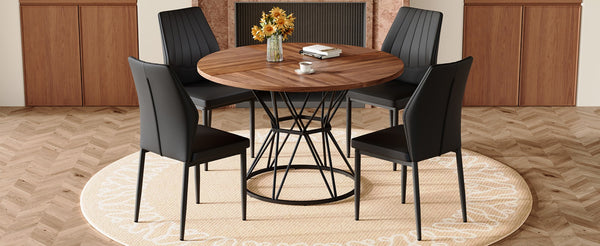 English Elm Table and Chair Set Walnut Round Dining with Hourglass Base Four Fabric Seats Walnut+Black W1151S04855