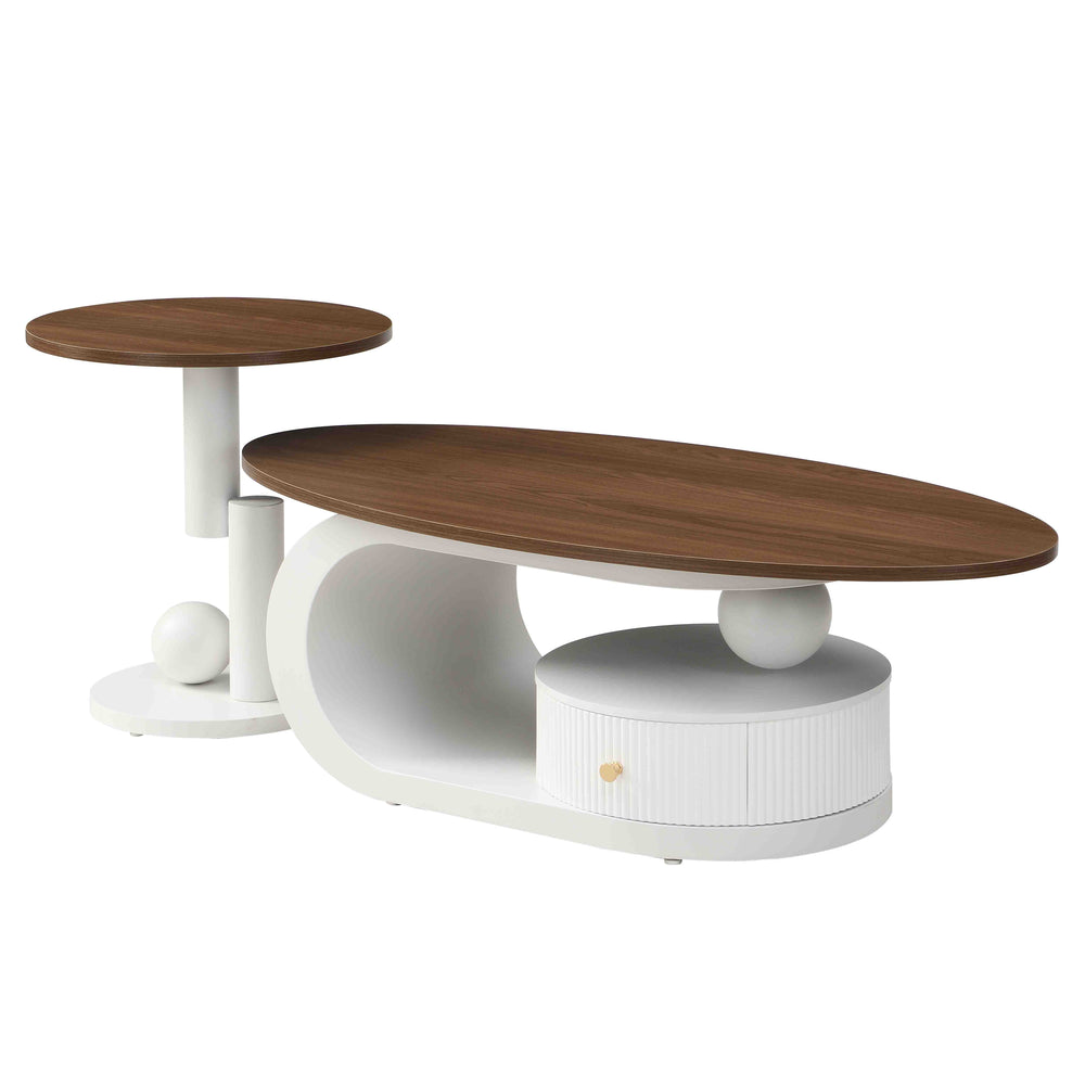 English Elm Luxury Nesting Coffee Table Set of 2 with Sturdy Metal Frame, Safe Rounded Design, Ample Storage and Anti-Slip Pads Antique Brown+White W821S00026