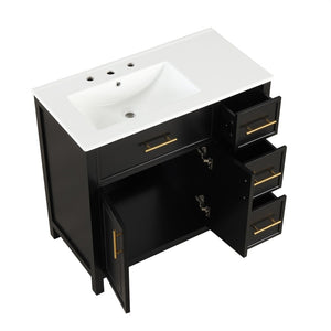 English Elm 36" Matte Freestanding Bathroom Vanity Solid Wood Cabinet Ceramic Sink Three Drawers Black N725P364205B