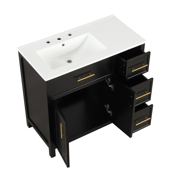 English Elm 36" Matte Freestanding Bathroom Vanity Solid Wood Cabinet Ceramic Sink Three Drawers Black N725P364205B