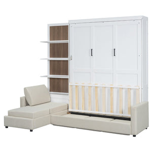 English Elm Queen Wall Bed with Linen Sofa and Open Shelving for Studio or Guest Room LP000592AAK-2