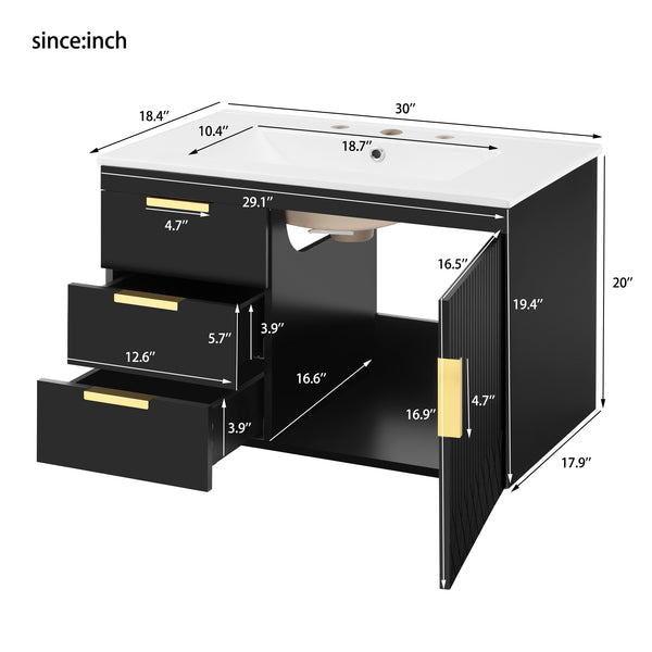 English Elm 30" Bathroom Vanity with Sink — Wall-Mounted Ceramic Basin, Soft-Close Storage, Floating Modern Design Black N710S324096B