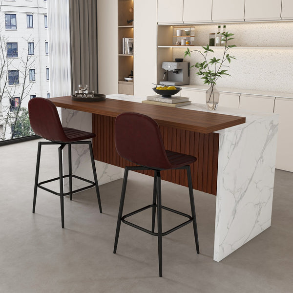 English Elm 63-Inch Modern Kitchen Island Set With 4 Dark Brown Bar Stools - Elegant Marble Surface & Led Glow W2699S00069