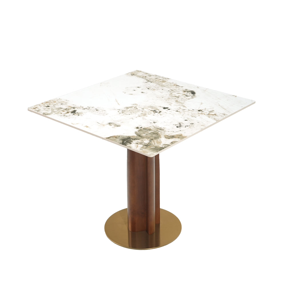English Elm Modern Square Dining Table: Elegant Sintered Stone With Wooden Legs & Gold Base For Small Spaces W1535S00607