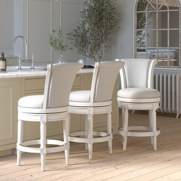 English Elm 26in. Wood High-back Swivel Barstool Farmhouse Style Nailhead Upholstered Kitchen Seat White B2751P436430