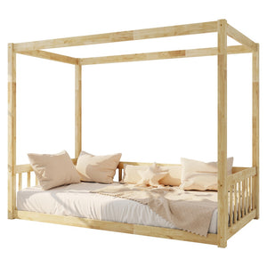 English Elm Twin Canopy Floor Bed Rubberwood Frame with Fence Guardrails for Kids Bedroom Natural W504P351804