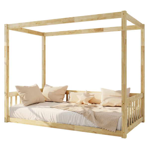 English Elm Twin Canopy Floor Bed Rubberwood Frame with Fence Guardrails for Kids Bedroom Natural W504P351804
