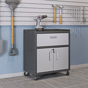 English Elm Rolling Metal Garage Cabinet with Locking Doors Diamond Texture Industrial Storage Dark Grey B365P398218