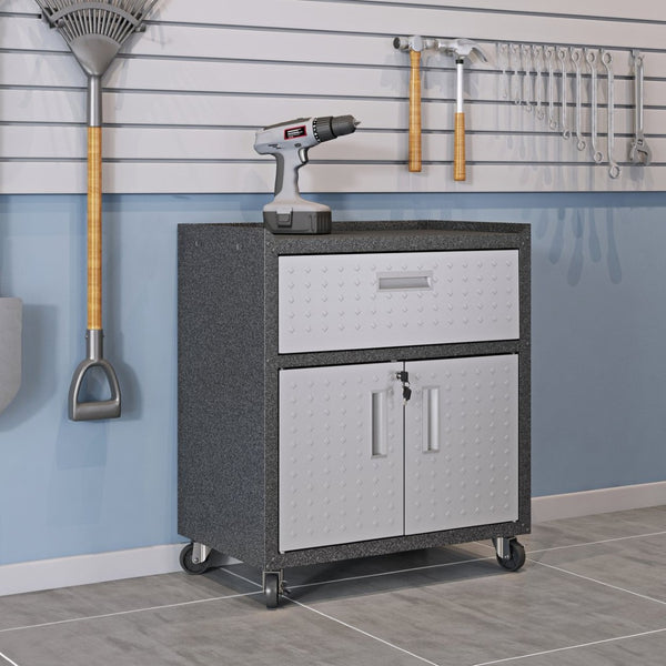 English Elm Rolling Metal Garage Cabinet with Locking Doors Diamond Texture Industrial Storage Dark Grey B365P398218