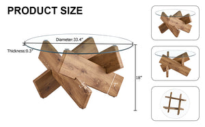 English Elm Circular glass coffee table 33.4" Modern round tempered glass top with wood MDF legs, 130 lb capacity, easy assembly W1151P143350