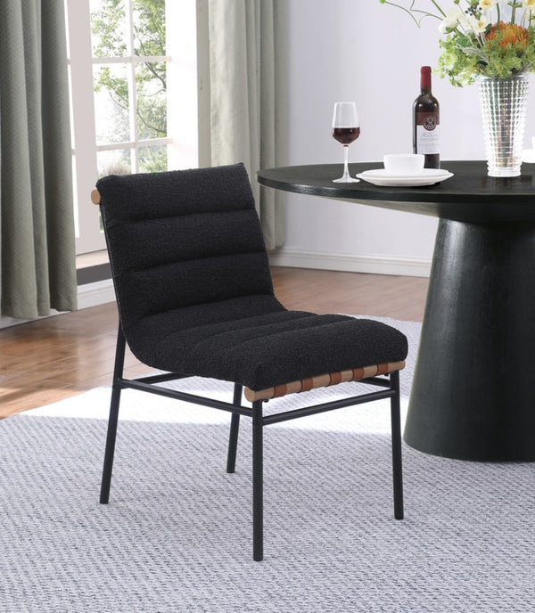 English Elm Liana Boucle Upholstered Dining Chairs Set of 2 with Cognac Leather Accents Iron Legs Black B2749P413189