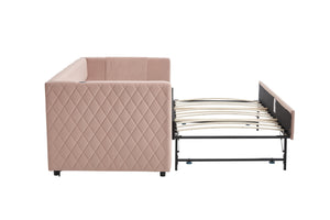 English Elm Pink velvet daybed with diamond-grid pull-out trundle, modern velvet MDF frame, twin size elegance and extra sleep space W1361S00030