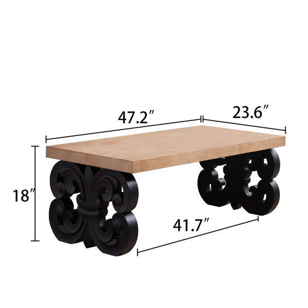English Elm Black Scroll Base Coffee Table with Natural Wood Top, 47" Rectangular Modern Farmhouse Centerpiece, Ornate Carved Accent W2729P298231