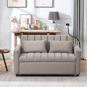 English Elm 55.9" Convertible Sofa Bed Loveseat with 3 USB Ports, Cup Holders, Side Pockets & 360° Phone Swivel LIGHT GREY WF322620AAR