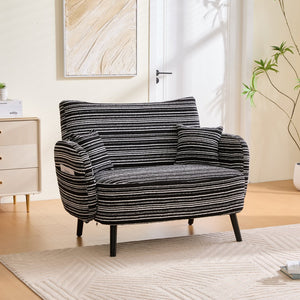 English Elm Modern tufted two-seater sofa with boucle upholstery, tapered legs, storage pockets, cozy compact design Black W395P376591